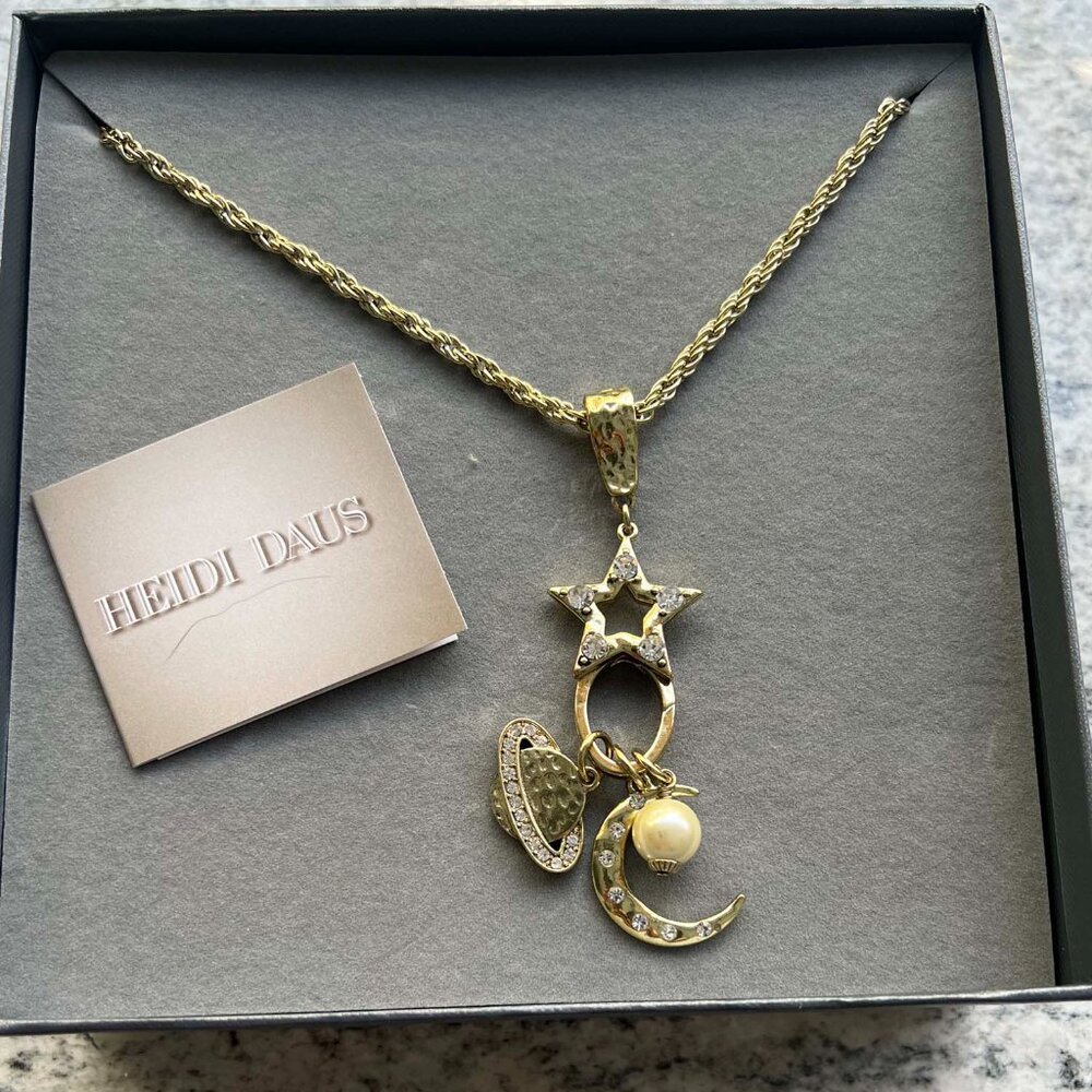Heidi Daus Charm Holder Crystal Star Crescent Moon & Saturn Necklace w/Box